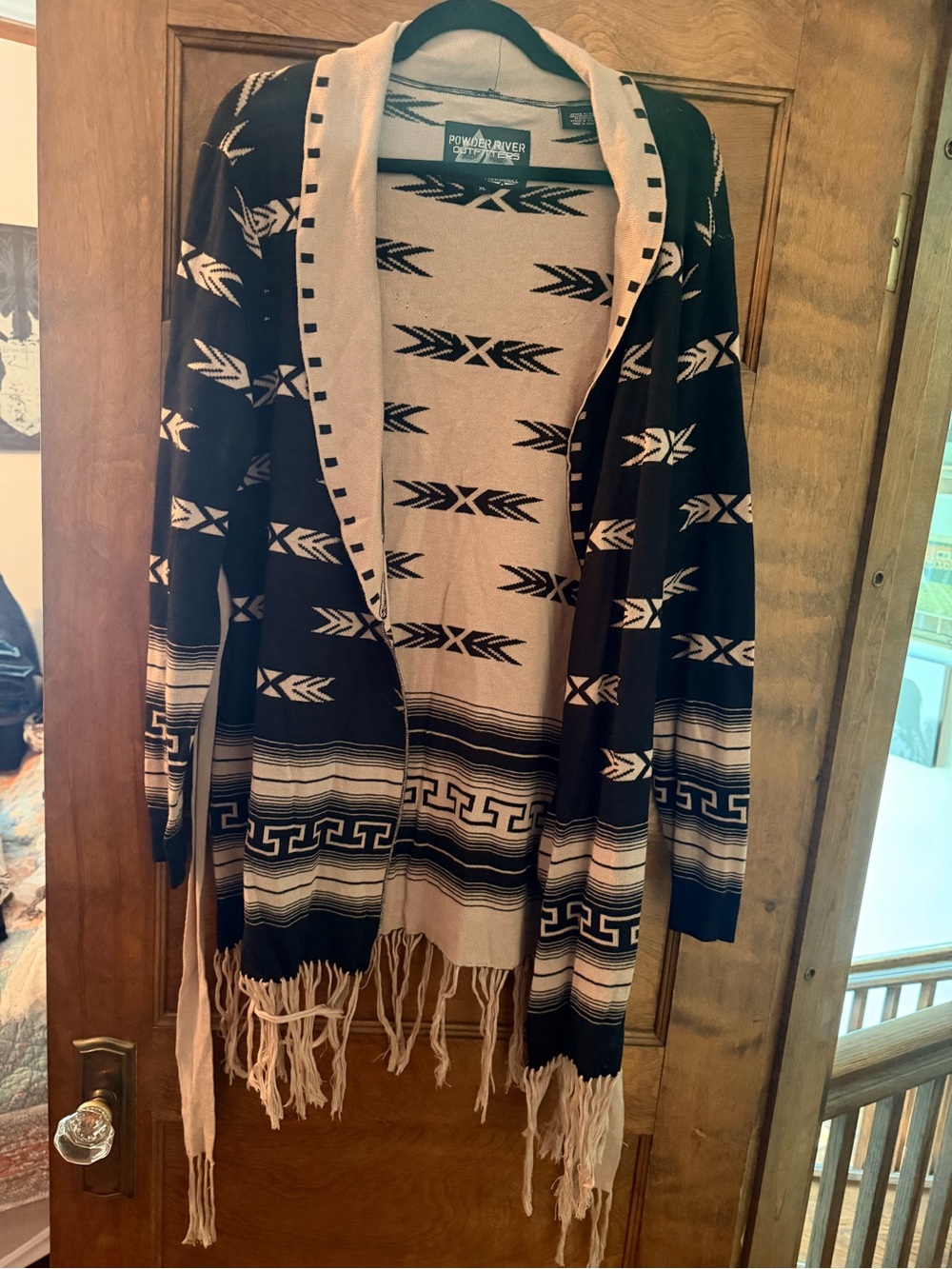 Powder River Aztec-Print Fringe Teddy Jacket in Black & Cream